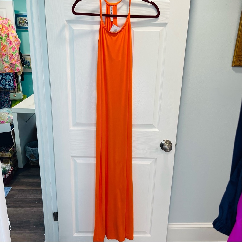 Fabletics Bold Orange Neema Maxi Halter Dress with Bustle Back 🍊